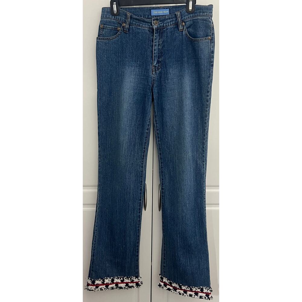 The Denim Tailor Women's  Bootcut Blue Jeans with Embellished Hem Size 8
